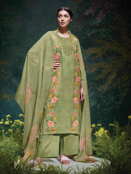 Ganga Fashions - Olive Jacquard Floral Unstitched Kurta and Unstitched Bottom with Dupatta (Set of 3)