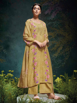 Ganga Fashions - Mustard Floral Unstitched Kurta and Unstitched Bottom with Dupatta (Set of 3)
