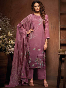 Ganga Fashions - Lavender Muslin Floral Unstitched Kurta and Unstitched Bottom with Dupatta (Set of 3)