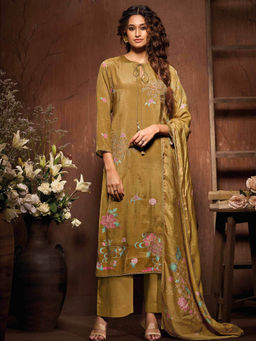 Ganga Fashions - Mustard Muslin Floral Unstitched Kurta and Unstitched Bottom with Dupatta (Set of 3)