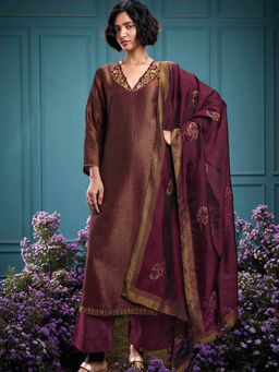 Ganga Fashions - Wine Silk Jacquard Unstitched Kurta and Unstitched Bottom with Dupatta (Set of 3)