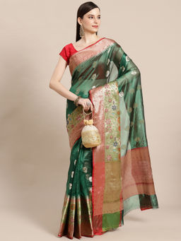 Banarasi Silk Works - Bottle Green Paithani Booti Skirt Border Saree with Unstitched Blouse