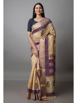 Unnati Silks - Beige Pure Handloom Bengal Tusshar Silk Saree with Unstitched Blouse