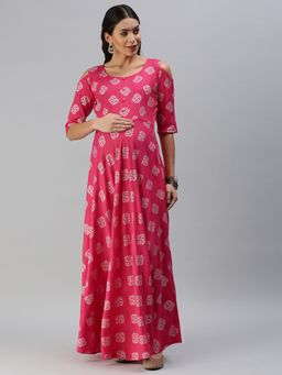 Swishchick - Pink Foil Print Fit and Flare Maternity Dress