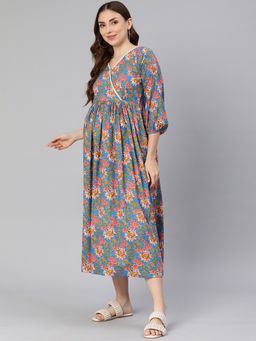 Swishchick - Blue Floral Print Cotton Maternity Dress Concealed Feeding Zip