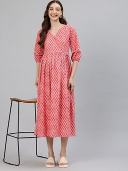 Swishchick - Pink Floral Print Cotton Maternity Dress Concealed Feeding Zip