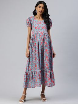 Swishchick - Blue and Red Floral Print Maternity Dress Concealed Feeding Zip