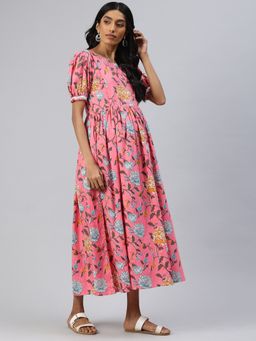 Swishchick - Pink Floral Print Cotton Maternity Dress Concealed Feeding Zip