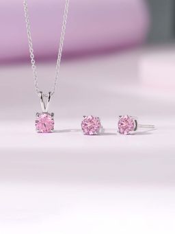 Ornate Jewels - 925 Sterling Silver Pink American Diamond Solitaire Necklace & Earring Set for Women