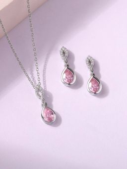 Ornate Jewels - 925 Silver Pink American Diamond Necklace With Earring Jewellery Set for Women & Girls (One Size)