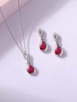 Ornate Jewels - 925 Silver Red Ruby & CZ Necklace With Earring Jewellery Set for Women & Girls (One Size)