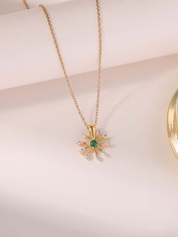 Ornate Jewels - 925 Silver 18K Gold Plated Natural Emerald Floral Pendant with Chain for Women & Girls