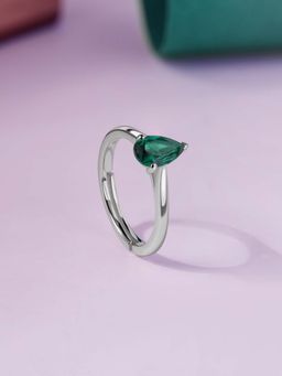 Ornate Jewels - 925 Silver 0.70 Carat Green Nano Teardrop Solitaire Adjustable Ring for Women & Girls