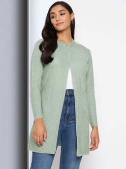 CLAPTON - Womens Wool Blend Blue Full Sleeve Solid Self Design Round Neck Cardigan