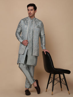 Pro Ethic Style Developer - Men's Green Silk Embroidered Kurta with Pant & Jacket