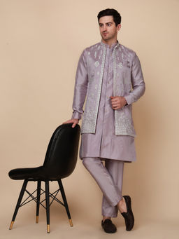 Pro Ethic Style Developer - Men's Lavender Silk Embroidered Kurta with Pant & Jacket