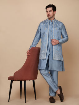 Pro Ethic Style Developer - Men's Blue Silk Embroidered Kurta with Pant & Jacket