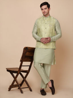 Pro Ethic Style Developer - Men's Green Jacquard Woven Kurta with Pant & Jacket