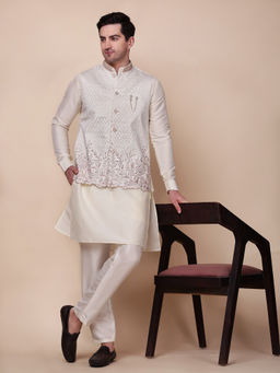 Pro Ethic Style Developer - Men's Cream Silk Embroidered Kurta with Pant & Jacket
