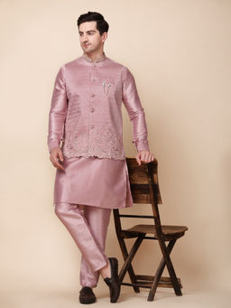 Pro Ethic Style Developer - Men's Pink Silk Embroidered Kurta with Pant & Jacket