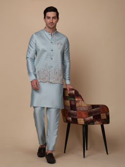 Pro Ethic Style Developer - Men's Blue Silk Embroidered Kurta with Pant & Jacket