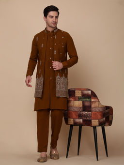 Pro Ethic Style Developer - Men's Brown Cotton Embroidered Kurta with Pant & Jacket