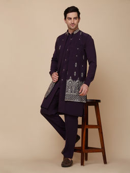 Pro Ethic Style Developer - Men's Purple Cotton Embroidered Kurta with Pant & Jacket