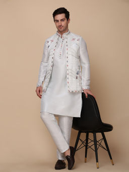 Pro Ethic Style Developer - Men's Blue Cotton Embroidered Kurta with Pant & Jacket