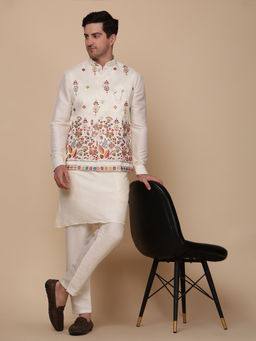 Pro Ethic Style Developer - Men's Cream Cotton Embroidered Kurta with Pant & Jacket