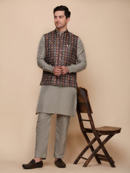 Pro Ethic Style Developer - Men's Green Jacquard Woven Kurta with Pant & Jacket