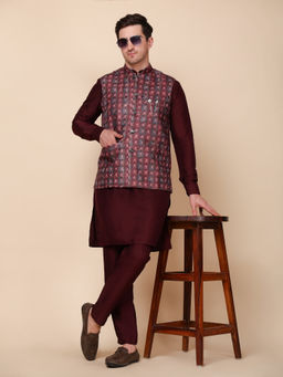 Pro Ethic Style Developer - Men's Maroon Jacquard Woven Kurta with Pant & Jacket