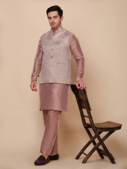 Pro Ethic Style Developer - Men's Peach Jacquard Woven Kurta with Pant & Jacket