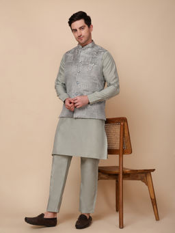 Pro Ethic Style Developer - Men's Green Jacquard Woven Kurta with Pant & Jacket