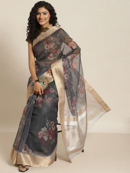 Odette - Women Blue Tissue Printed Saree with Unstitched Blouse