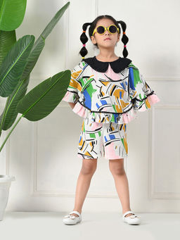 Bella Moda - White Cotton Half Sleeves All Over Printed Top & Short (Set of 2)