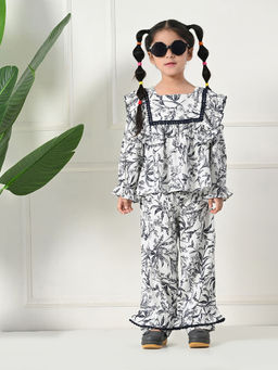 Bella Moda - White Cotton Full Sleeves All Over Printed Co-Ord (Set of 2)