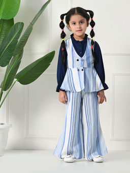 Bella Moda - Blue Cotton Full Sleeves All Over Stripes Co-Ord (Set of 3)