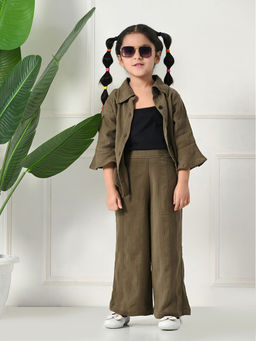 Bella Moda - Brown Cotton Three Fourth Sleeves Solid Co-Ord (Set of 3)