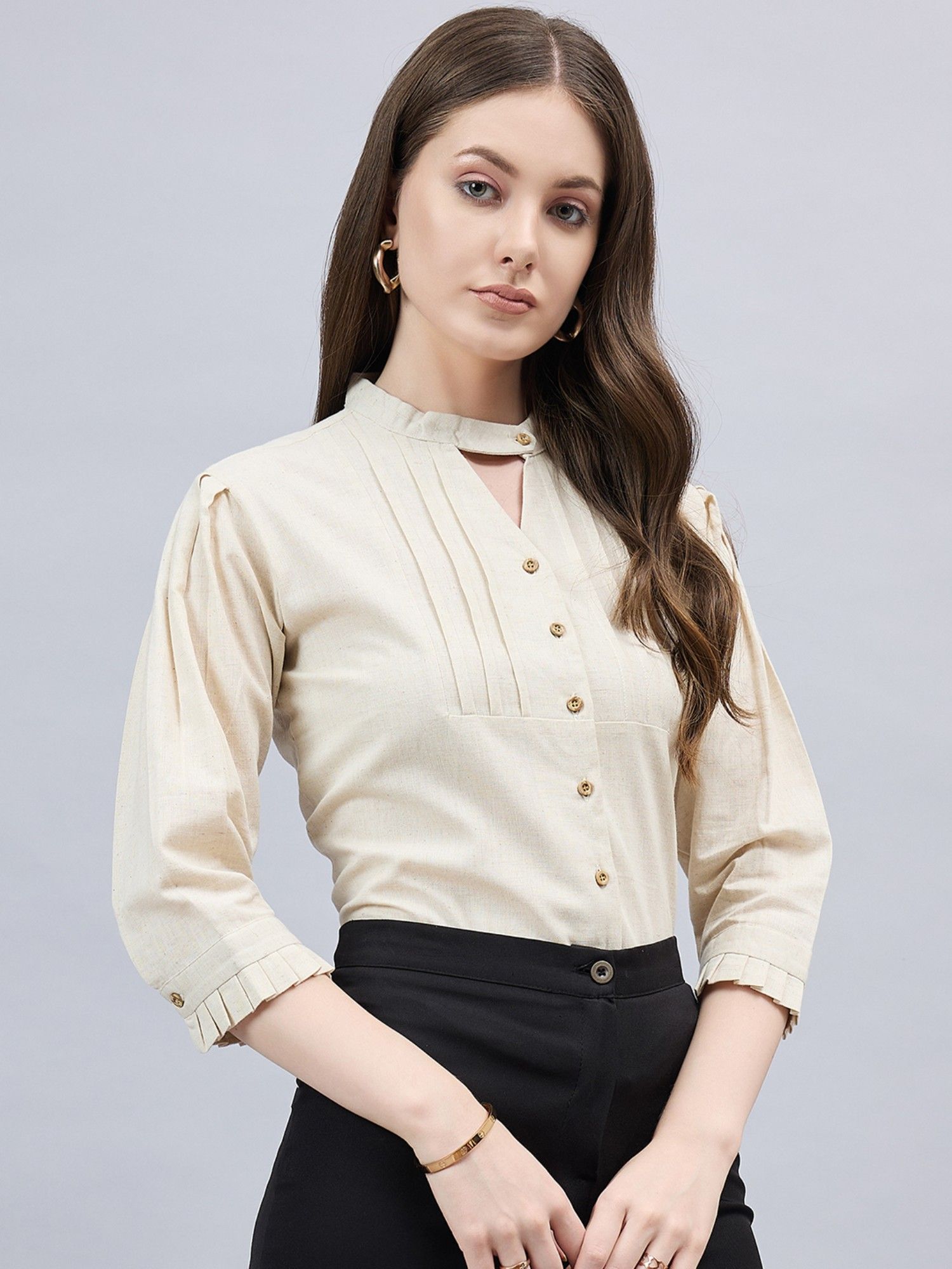 style quotient Women Solid Beige Linen Puff Sleeve Regular Formal Shirt-picture-33
