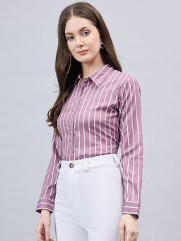 Style Quotient - Women Mauve Stripe Printed Polyester Regular Fit Formal Shirt