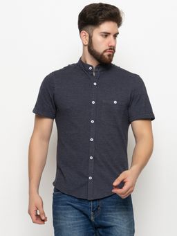 Club York - Men Navy Melange Solid Mandarin Collar Shirt