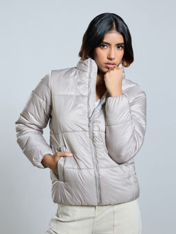 MIXT by Nykaa Fashion - Gunmetal Solid High Neck Full Sleeves Quilted Puffer Jacket