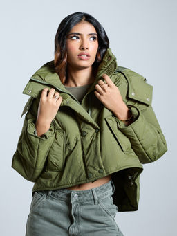 MIXT by Nykaa Fashion - Olive Green Solid High Neck Double Collar Crop Puffer Jacket