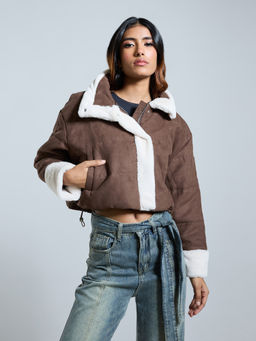 MIXT by Nykaa Fashion - Brown Solid High Neck Fur Detail Quilted Crop Puffer Jacket