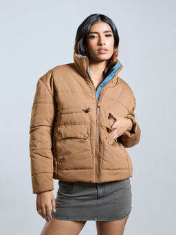 MIXT by Nykaa Fashion - Brown Solid High Neck Drop Shoulder Quilted Puffer Jacket