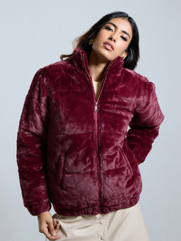 MIXT by Nykaa Fashion - Wine Solid High Neck Full Sleeves Faux Fur Jacket