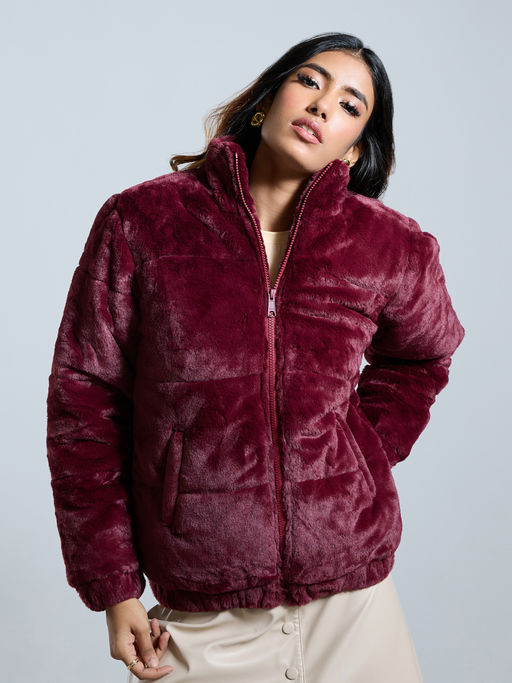 Far Wali Jacket Girl MIXT By Nykaa Fashion Wine Solid High Neck