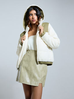 MIXT by Nykaa Fashion - Off White Olive Green Colorblock High Neck Faux Fur Puffer Jacket