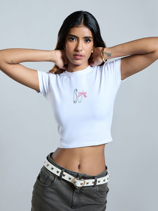 MIXT by Nykaa Fashion White and Pink Safety Pin and Bow Graphic Printed T-Shirt
