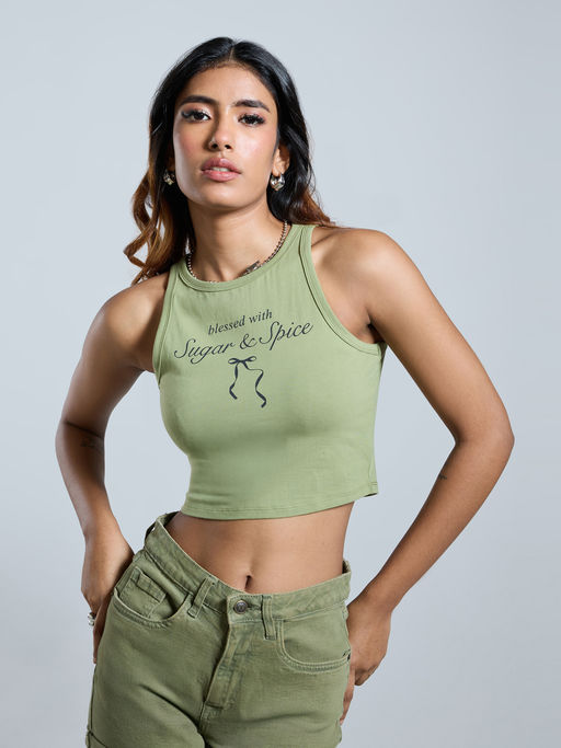 MIXT by Nykaa Fashion Olive Green and Black Bow Graphic Printed Tank Top